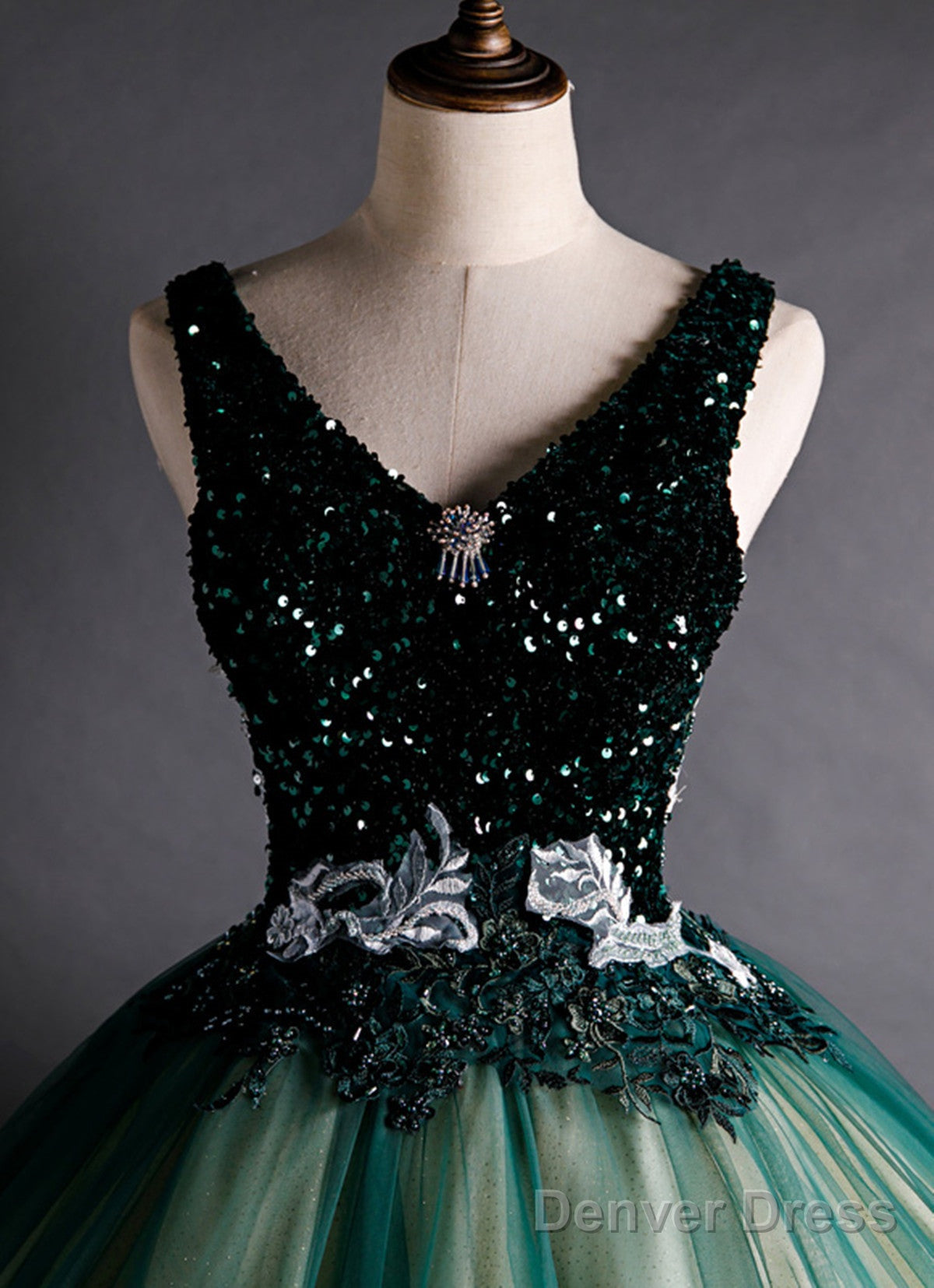 Green Ball Gowns V Neckline Sequins Long Prom Dress, Green Sequins Prom Dresses Secondary image