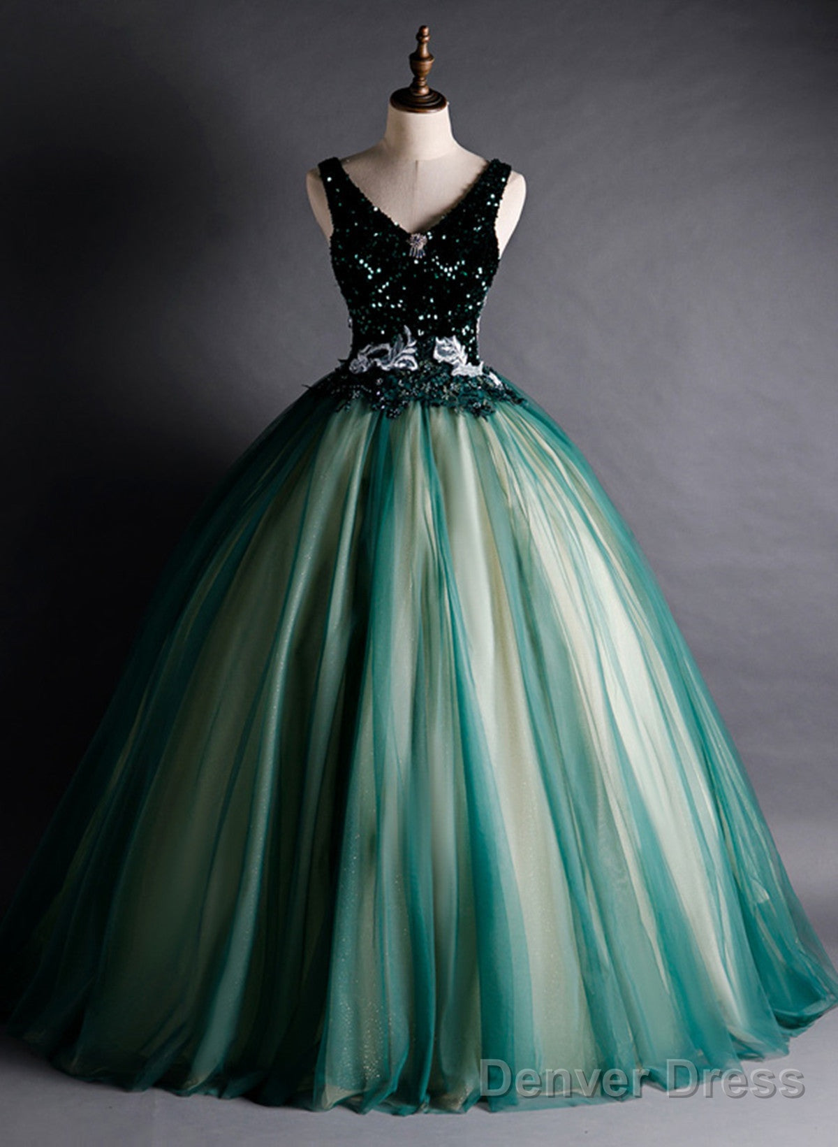 Green Ball Gowns V Neckline Sequins Long Prom Dress, Green Sequins Prom Dresses Main image