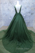 Green Beaded and Lace V-neckline Low Back Long Party Dresses, Green Evening Dresses Party Dresses