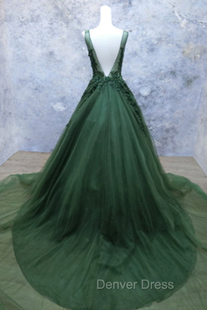 Green Beaded and Lace V-neckline Low Back Long Party Dresses, Green Evening Dresses Party Dresses