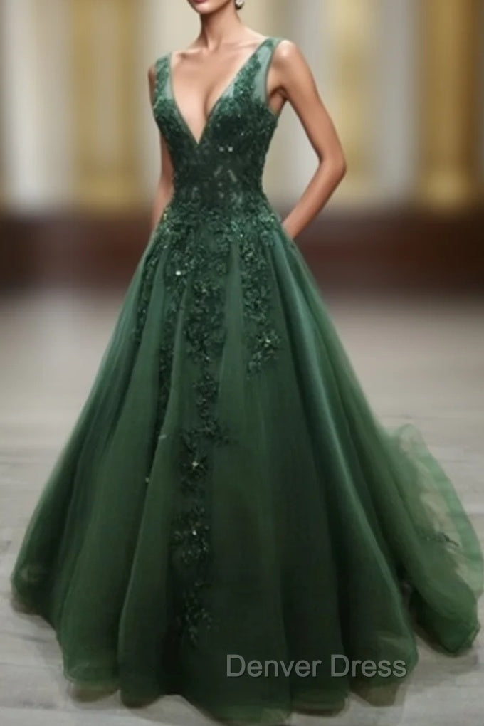 Green Beaded and Lace V Neckline Low Back Long Prom Dress, Green Prom Dress Main image