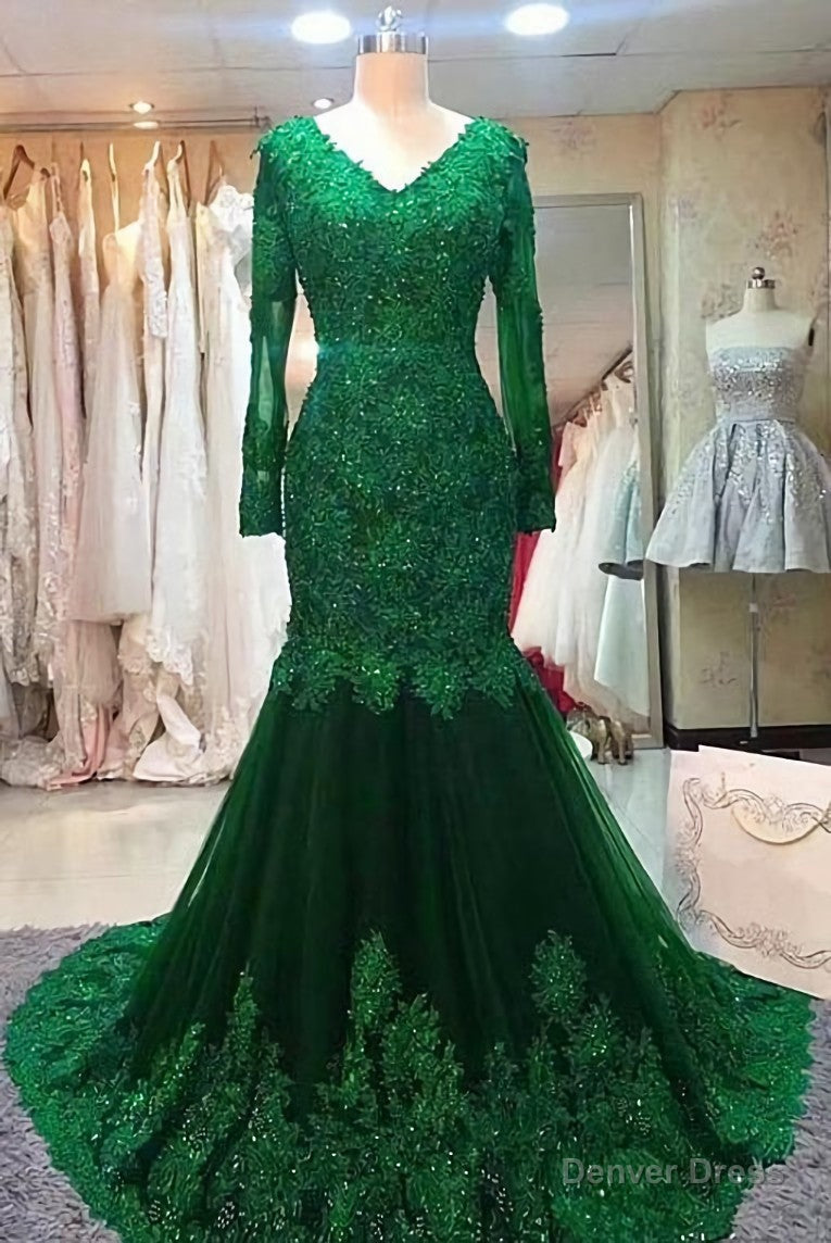 Green Beaded Lace Bride Mothers Evening Gown Long Sleeve Main image