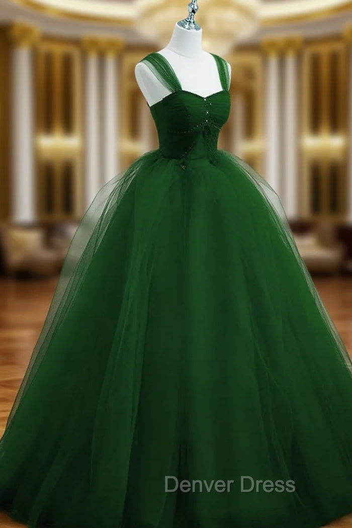 Green Beaded Tulle Off Shoulder Long Party Dresses, Green Tulle A-line Prom Dresses Main image