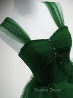Green Beaded Tulle Off Shoulder Long Party Dresses, Green Tulle A-line Prom Dresses