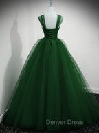 Green Beaded Tulle Off Shoulder Long Party Dresses, Green Tulle A-line Prom Dresses