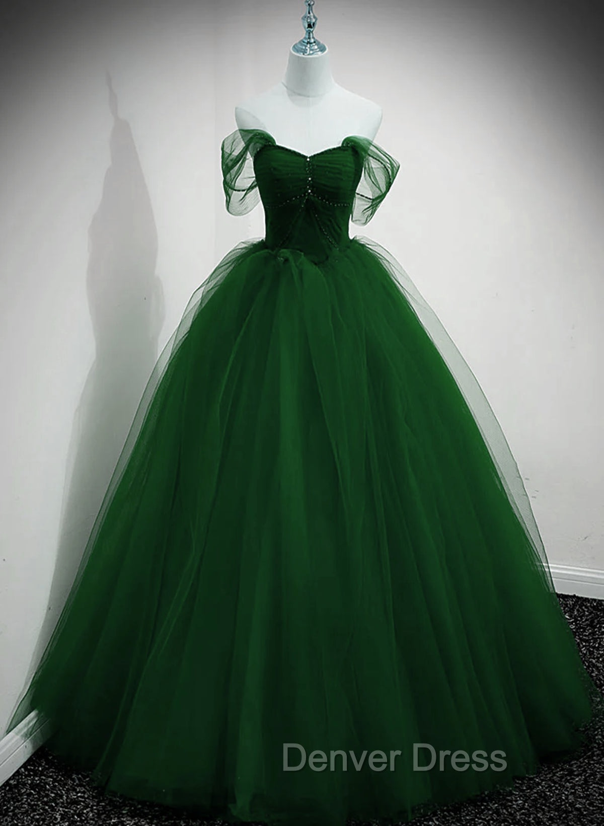 Green Beaded Tulle Off Shoulder Long Party Dresses, Green Tulle A-line Prom Dresses Secondary image