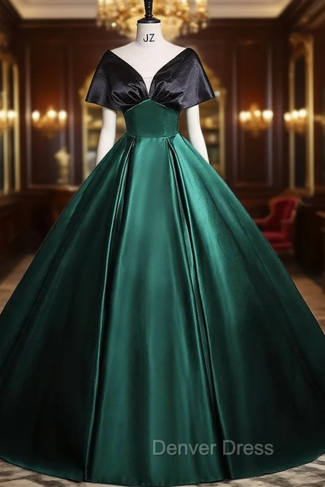 Green Black Satin V-neck Quinceanera Dresses