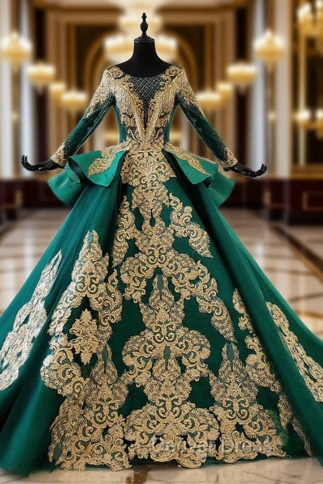 Green Bll Gown Satin Gold Appliques Long Sleeve Backless Wedding Dresses