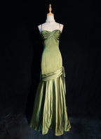 Green Chic Style Long Satin Sweetheart Prom Dress, Green Prom Dresses