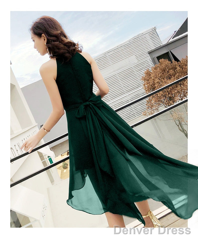Green Chiffon High Low Bridesmaid Dress Prom Dress, High Neckline Prom Dresses Secondary image