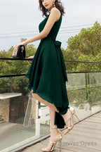 Green Chiffon High Low Bridesmaid Dress Prom Dress, High Neckline Prom Dresses