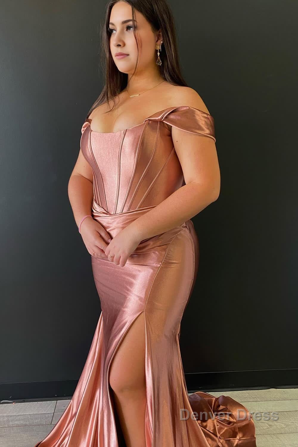 Green Corset Off the Shoulder Long Prom Dress with Slit