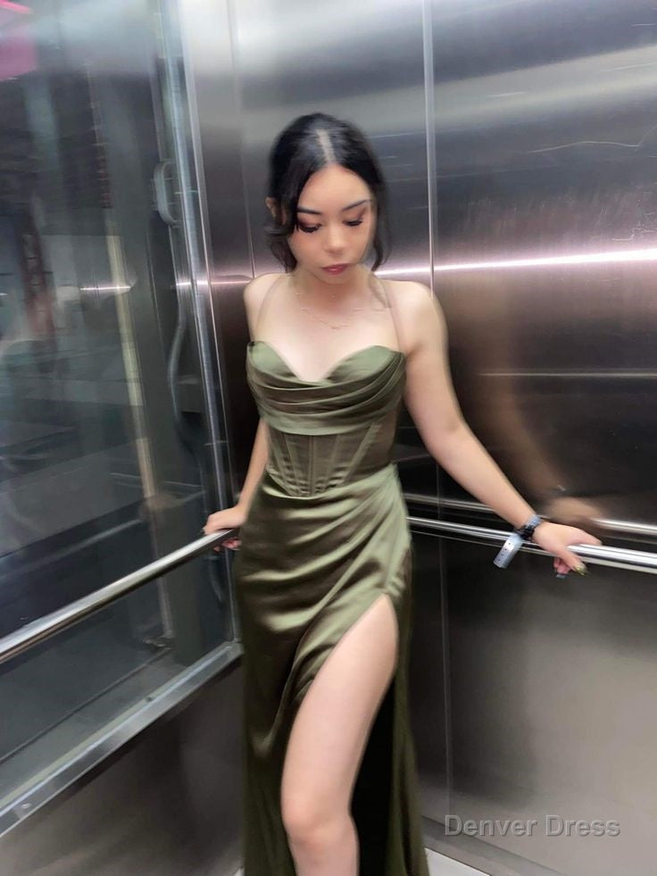 Green Elegant Prom Dress with Slit, Long Prom Dresses