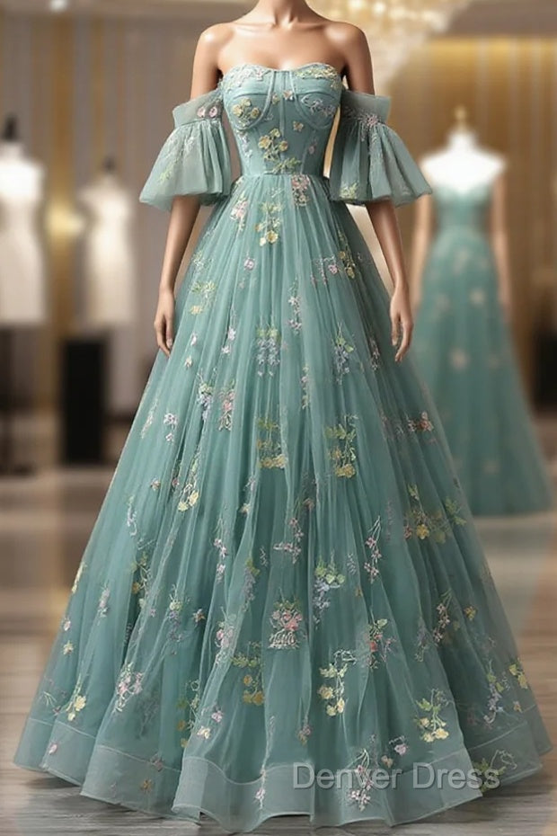 Green Floral Straps Sweetheart Long Party Dresses, Green Sweet 16 Dresses Main image