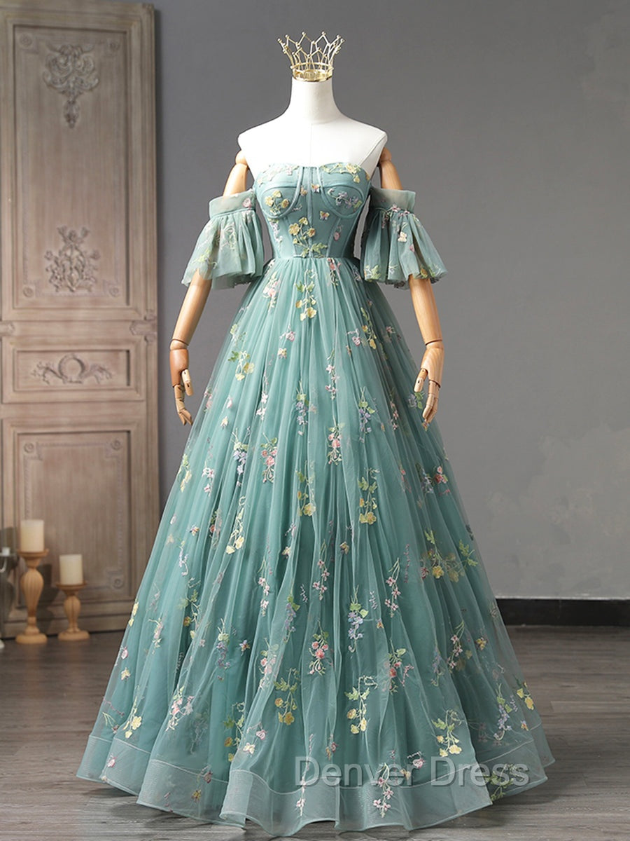 Green Floral Tulle Long Prom Dresses Cute Off Shoulder Evening Party Dresses Beautiful