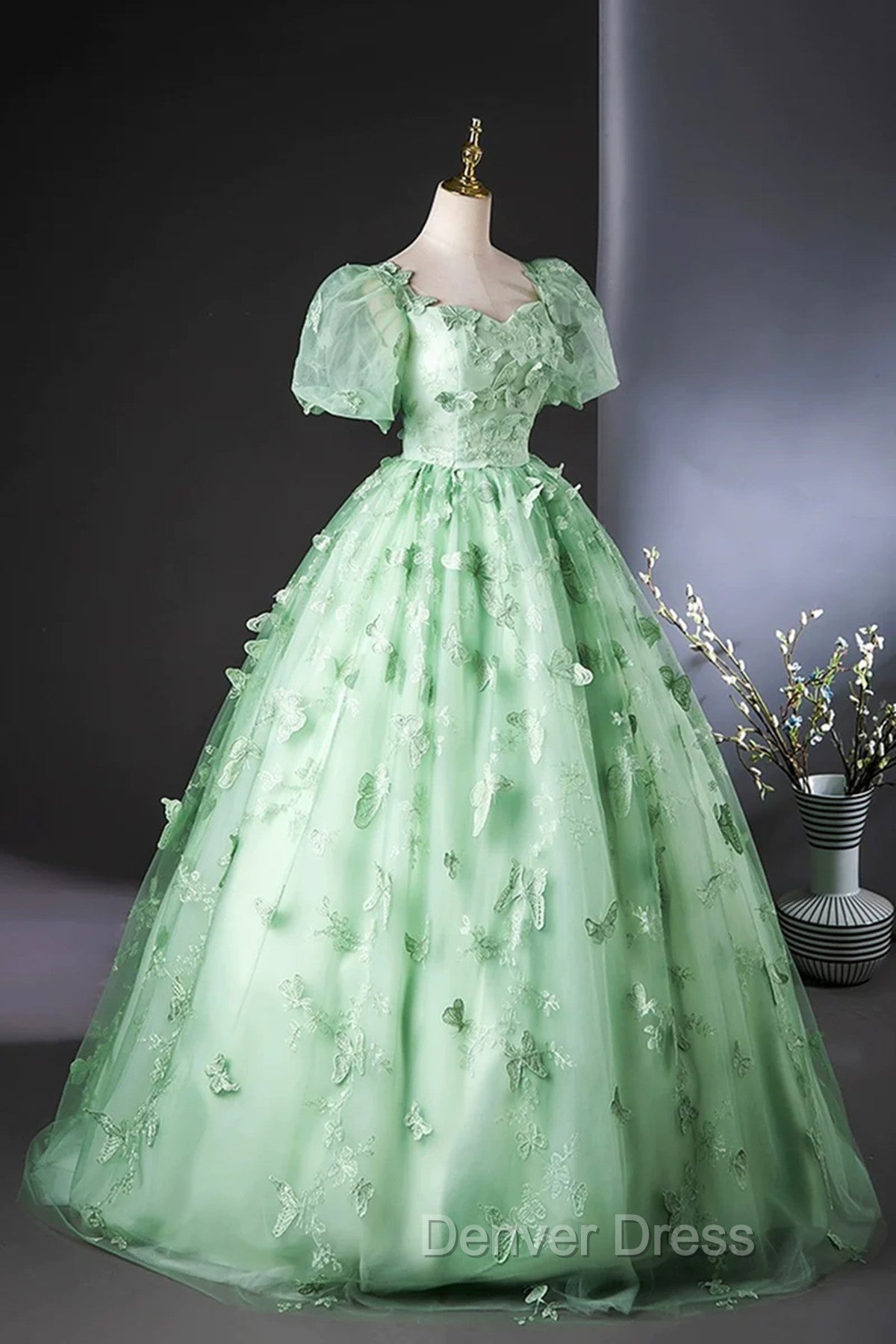 Green Flower Lace Long Prom Dress with Sleeves, Green Prom Dresses Secondary image