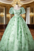 Green Flower Lace Long Prom Dresses with Sleeves, Green Formal Dresses