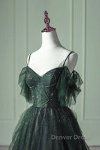 Green Gradient Tulle A-Line Long Formal Dresses, Green Beaded Straps Party Dresses Prom Dresses