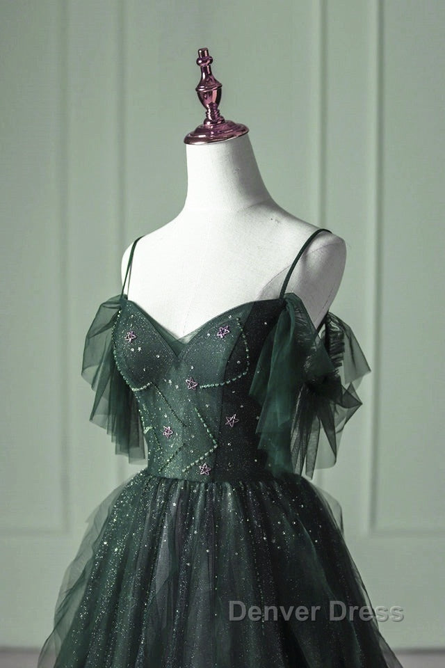 Green Gradient Tulle A-Line Long Formal Dresses, Green Beaded Straps Party Dresses Prom Dresses