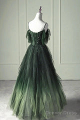 Green Gradient Tulle A-Line Long Formal Dress, Green Beaded Straps Party Dress Prom Dress