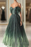 Green Gradient Tulle A-Line Long Formal Dresses, Green Beaded Straps Party Dresses Prom Dresses