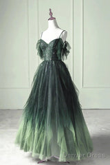 Green Gradient Tulle A-Line Long Formal Dress, Green Beaded Straps Party Dress Prom Dress