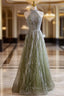 Green Halter Sequins Beading Prom Dresses