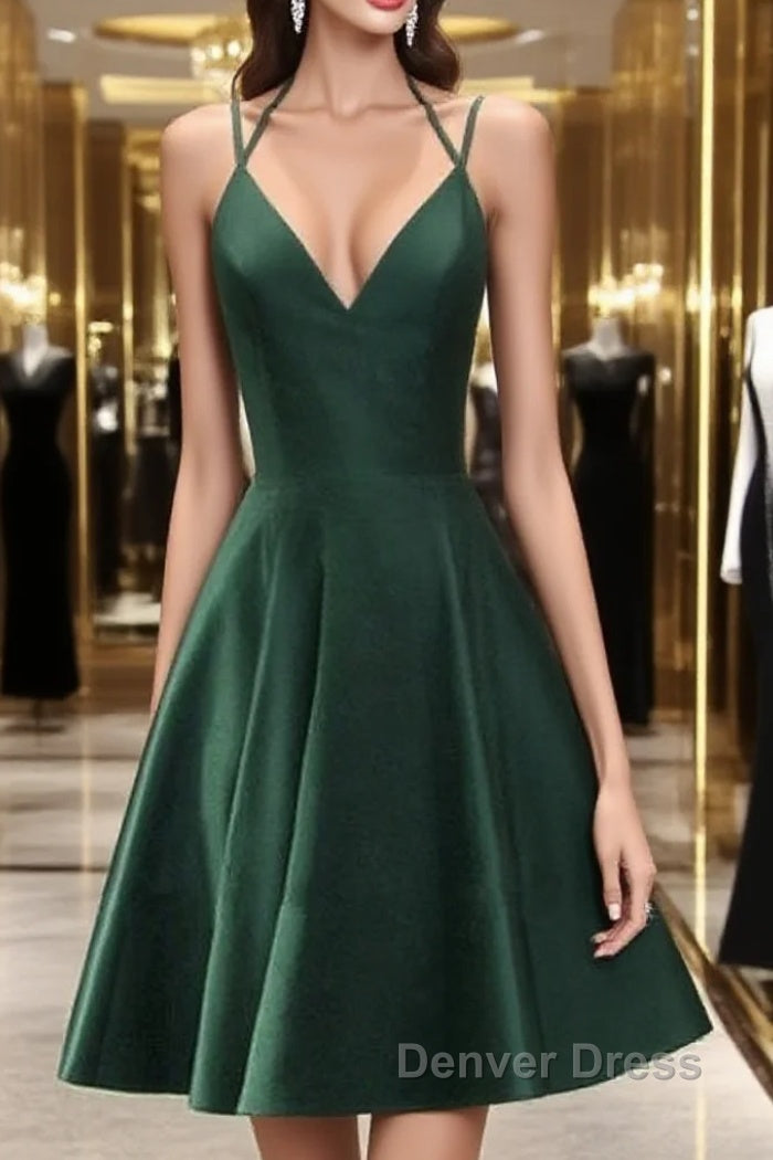 Green Halter Short Satin Long Prom Dress, Green Homecoming Dress , Short Prom Dresses Main image