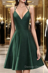 Green Halter Short Satin Long Party Dresses, Green Homecoming Dresses , Short Party Dresses