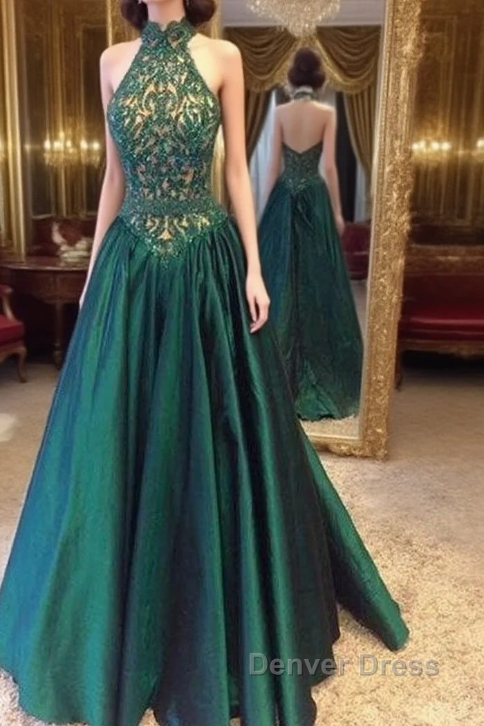 Green High Neck Long Prom Dresses, Green Evening Dresses Main image