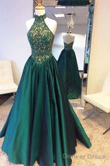 Green High Neck Long Prom Dress, Green Evening Dress