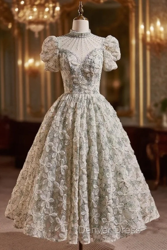 Green High Neck Puff Sleeve Beading Prom Dresses Main image