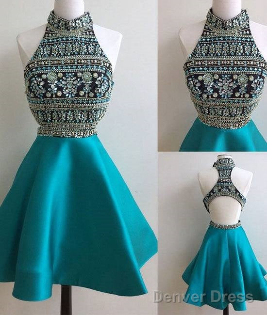 Green High Neck Rhinestones Short Prom Dress, Cute Homecoming Dresses