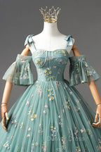 Green Lace Long A-Line Formal Dresses, Spaghetti Strap Evening Gown