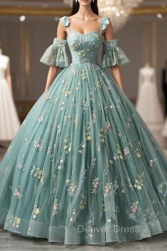 Green Lace Long A-Line Formal Dresses, Spaghetti Strap Evening Gown