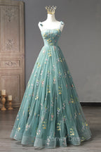 Green Lace Long A-Line Formal Dresses, Spaghetti Strap Evening Gown