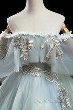 Green Lace Long A Line Off the Shoulder Prom Dress