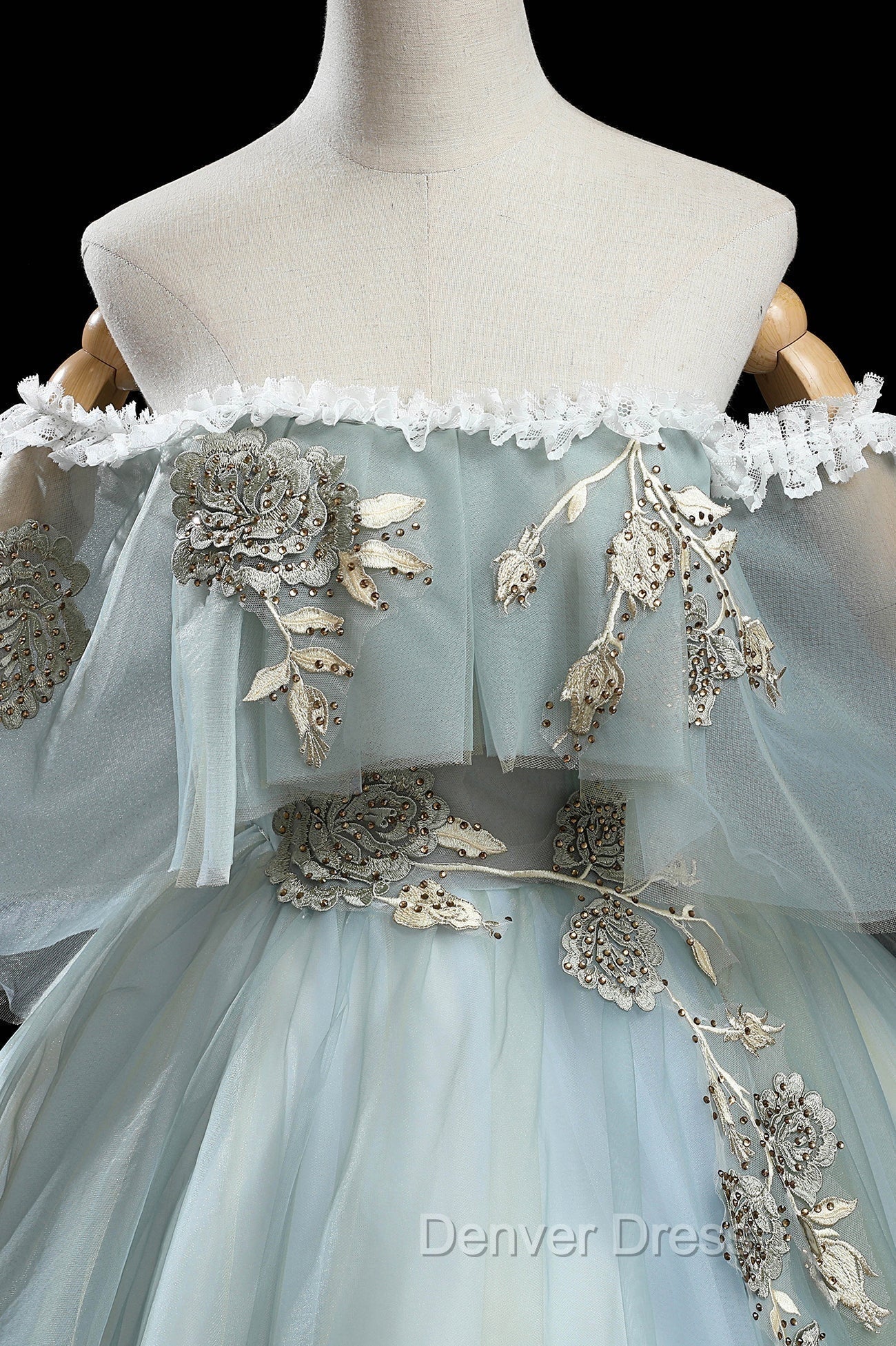 Green Lace Long A Line Off the Shoulder Prom Dress