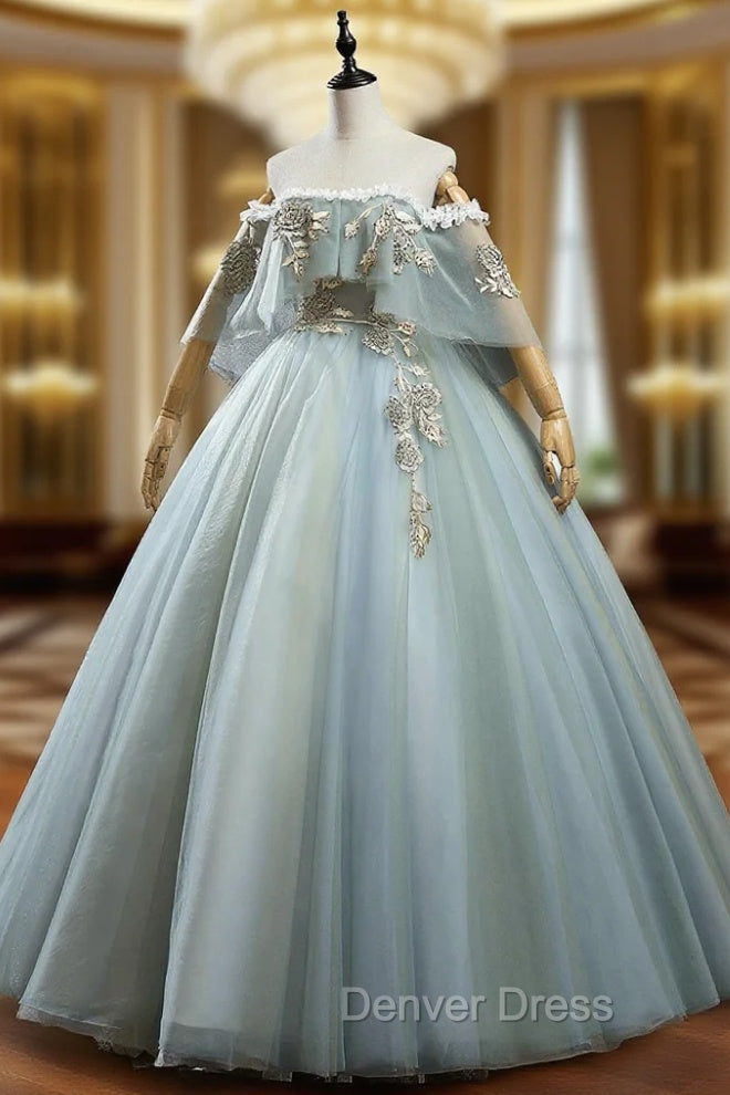 Green Lace Long A-Line Off the Shoulder Prom Dresses, Evening Party Dresses Main image