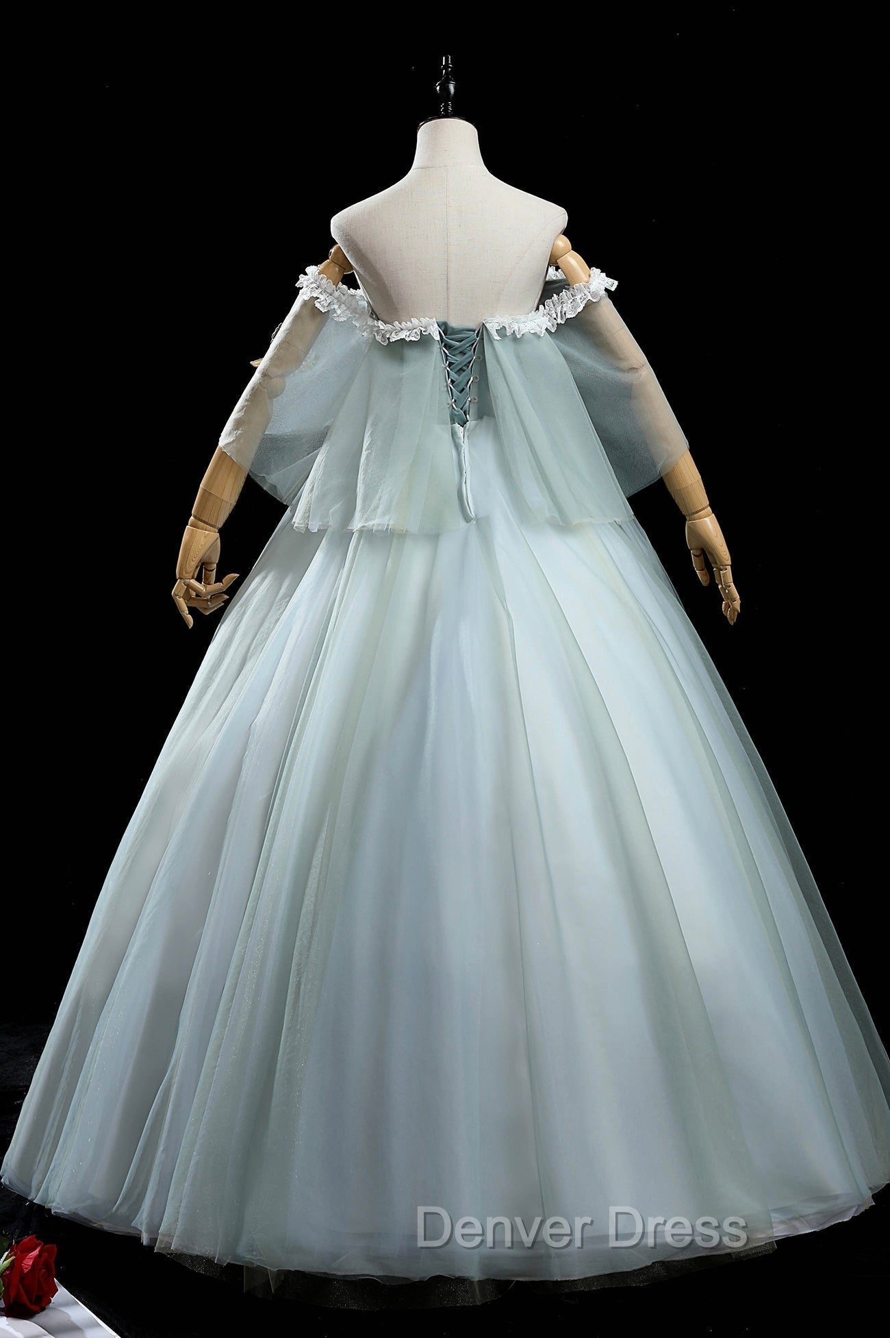 Green Lace Long A Line Off the Shoulder Prom Dress