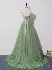 Green Lace Long Prom Dresses, Green Lace Long Formal Graduation Dresses