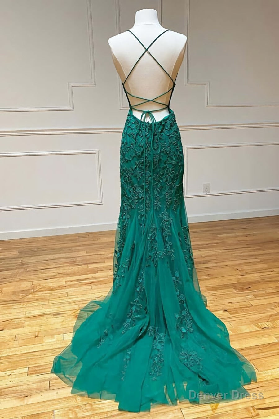 Green Lace Mermaid Backless Spaghetti Straps Prom Dresses, Evening Gown,maxi dresses Secondary image