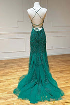 Green Lace Mermaid Backless Spaghetti Straps Prom Dress, Prom Gowns,maxi Dresses