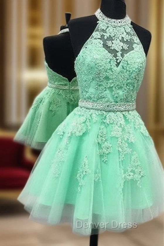 Green Lace Short Prom Dresses, Green Homecoming Dresses Main image