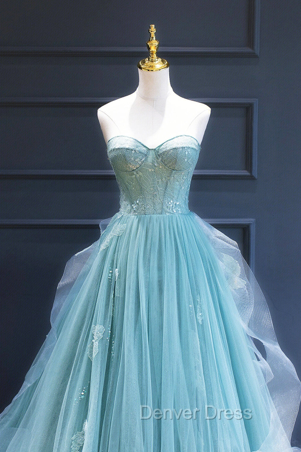 Green Lace Tulle A-Line Long Formal Dresses, Green Strapless Evening Dresses