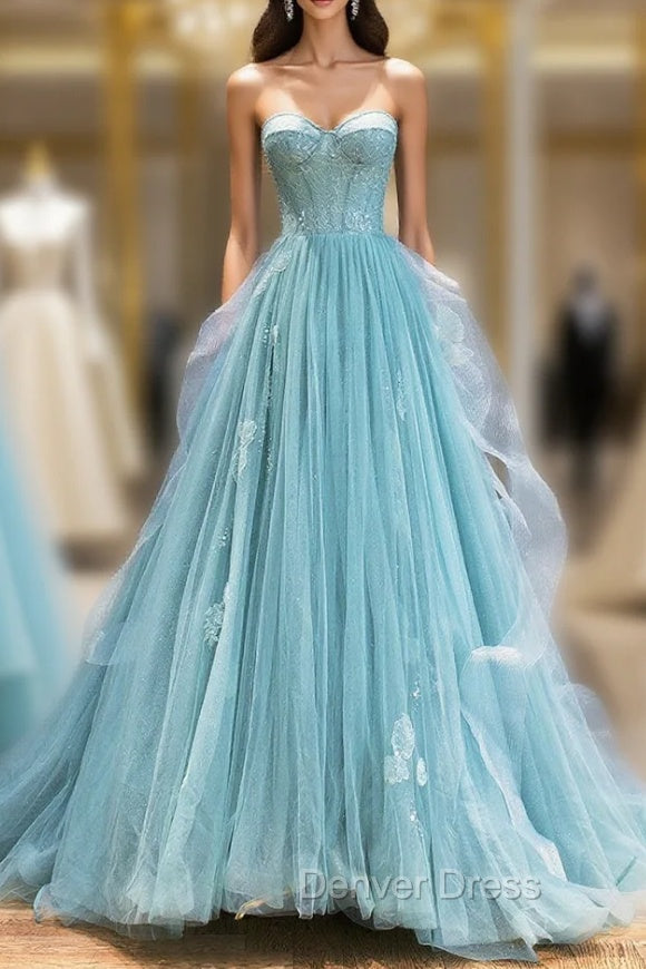Green Lace Tulle A Line Long Prom Dress, Green Strapless Prom Dresses Main image