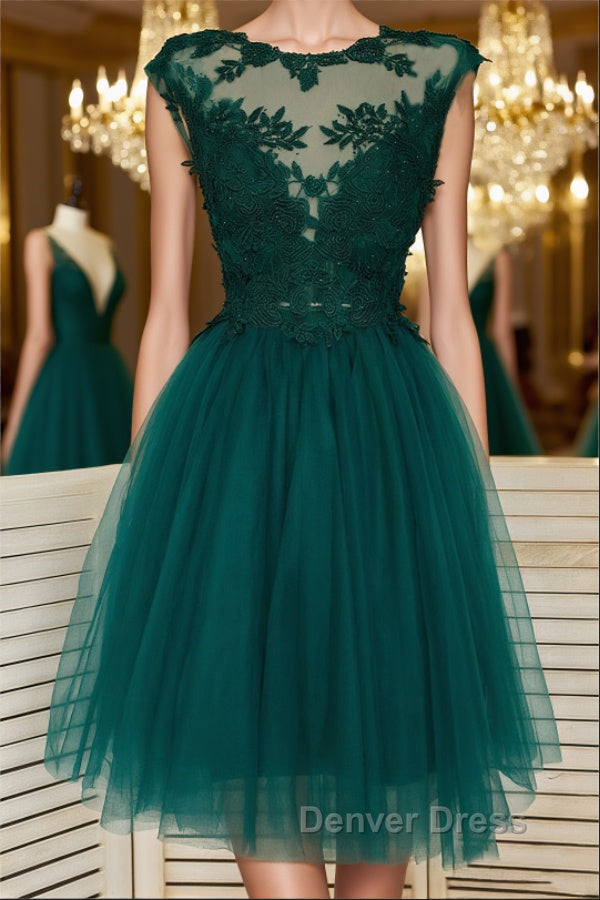 Green Lace Tulle Short Prom Homecoming Dresses, Green Lace Formal Graduation Evening Dresses Main image