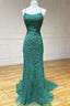Green Lace Tulle Spaghetti Strap Long Mermaid Prom Dresses Crystal Graduation School Party Gown