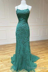 Green Lace Tulle Spaghetti Strap Long Mermaid Prom Dresses Crystal Graduation School Party Gown