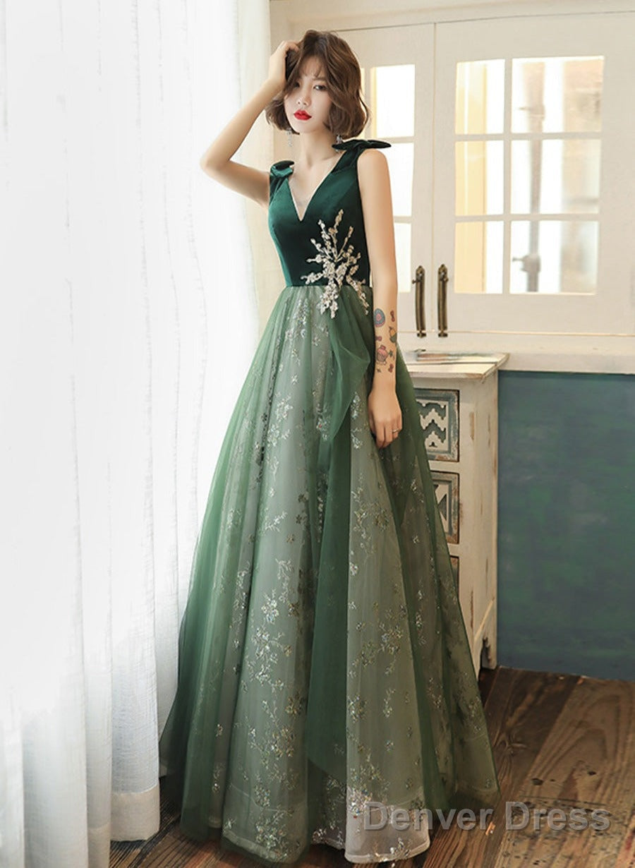 Green Lace Tulle V-Neckline A-Line Prom Dress, Green Floor Length Party Dress Main image